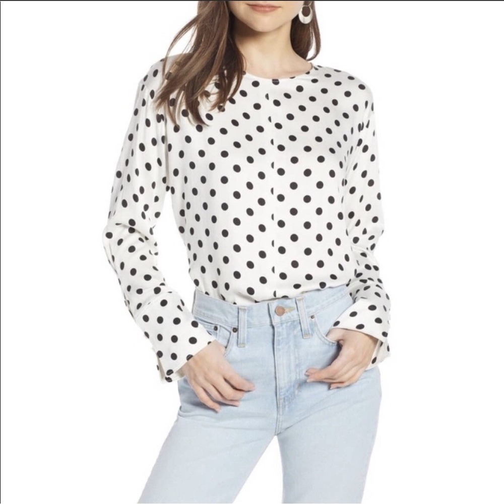 Something Navy Women's Polka Dot Long Sleeve Blouse Top‎ Casual Work- Size XS